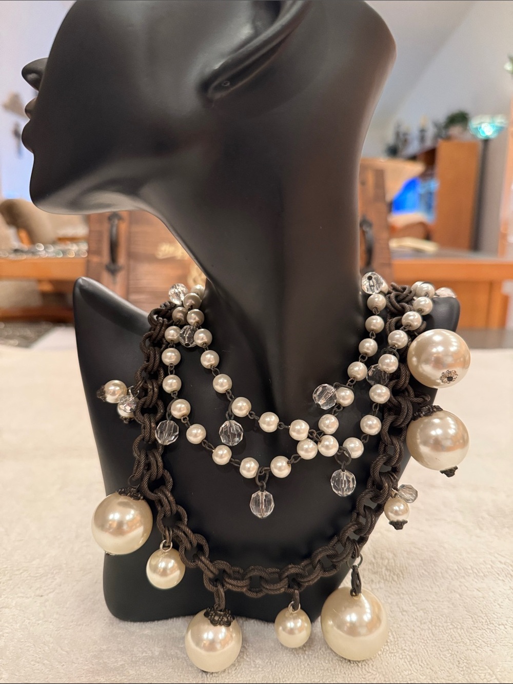 Plunder Cream Pearl and Crystal Multi-Strand Necklace with Dark Brown Chain
